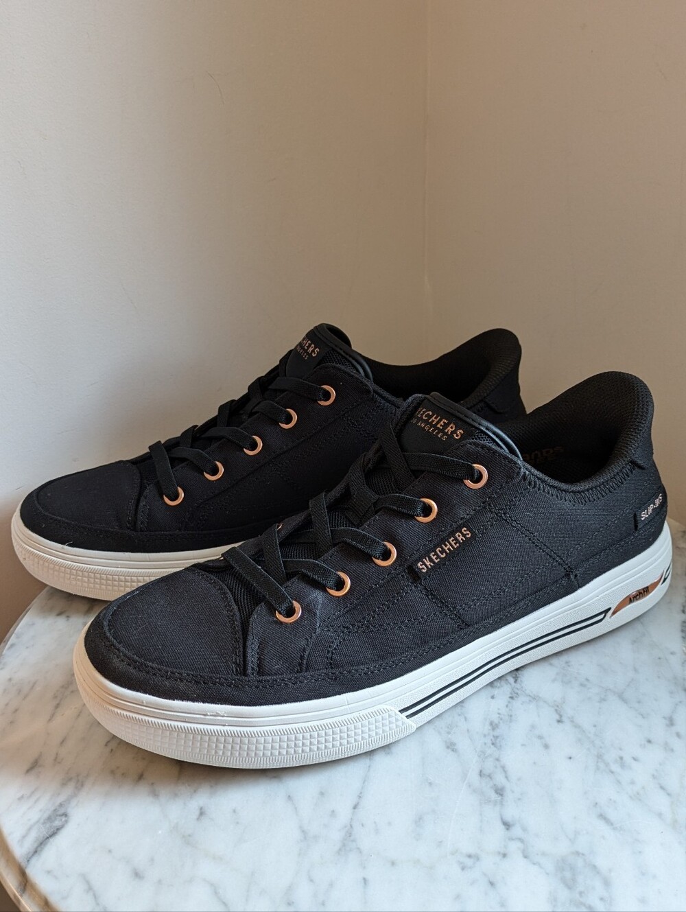 Skechers Slip-ins Black Canvas Low-Top Sneakers with Rose Gold Eyelets Size 9